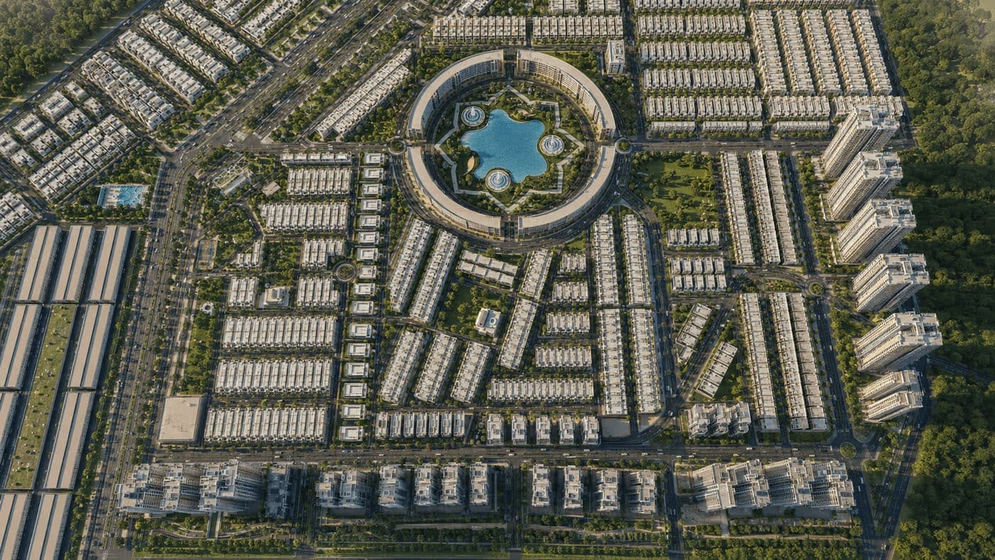 Aerial masterplan showing NOOR EDUCATION BLOCK